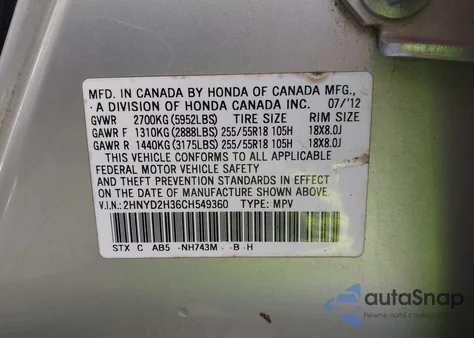 2012 Acura Mdx Technology Package z USA, uszkodzony, nr VIN 2HNYD2H36CH549360